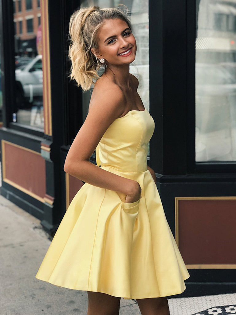 yellow strapless dress